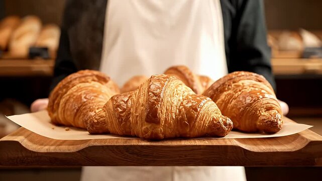 A baker is holding a tray of croissants in a bakery. The croissants are golden brown and appear to be freshly baked. Concept of warmth and comfort