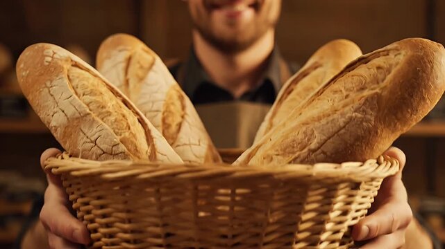 A man is holding a basket of bread. The bread is in various stages of baking, with some loaves still in the oven and others already out. The man is proud of his bread