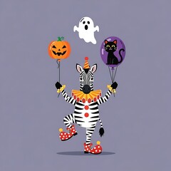 A whimsical cartoon zebra, costumed as a clown, juggles Halloween-themed balloons. A white ghost floats above