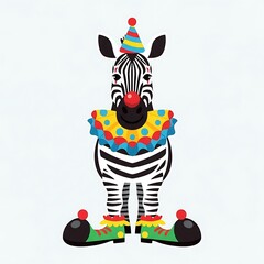 A whimsical cartoon zebra, clad in clown attire a colorful hat, collar, big shoes, and red nose