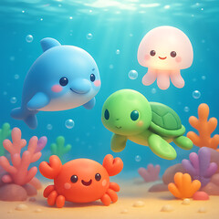 Underwater Kawaii Friends Adventure Scene