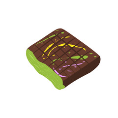 Illustration of Dubai chocolate. Illustration of chocolate bar. Illustration of Dubai chocolate with kunafa filling. Illustration of Dubai chocolate cut in half. Illustration of chocolate with pistach