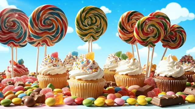 A table is covered with a variety of sweet treats, including colorful lollipops, cupcakes, and candy. The lollipops are arranged in a row, with some of them having different colors and designs