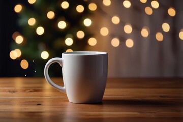 Fototapeta premium A white mug sits on a wooden table, bathed in the warm glow of christmas lights creating a cozy atmosphere