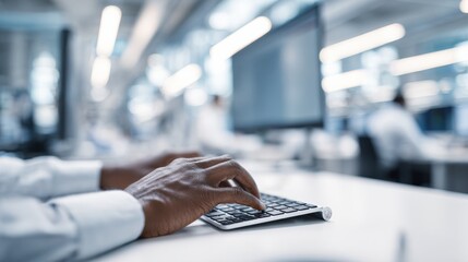 Hands Typing on Keyboard in Modern Office: Focus on Technology and Professional Environment