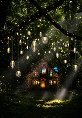 A whimsical cottage nestled deep within a lush, sun-dappled forest, illuminated by hanging fairy lights