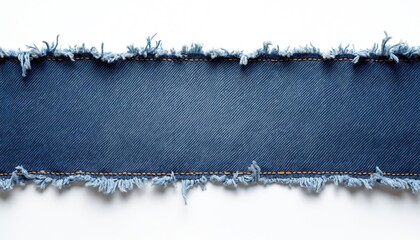 Blue denim fabric strip with stylish raw frayed edges. This textile texture offers clean copy space on white background. Perfect for fashion design, apparel mockups, casual clothing branding projects.