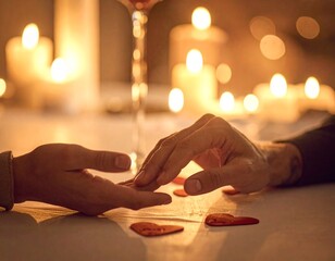 Close-up of couple holding hands by candlelight, romantic dinner atmosphere