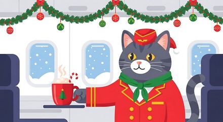 A whimsical depiction of a cartoon cat dressed as a flight attendant offering hot cocoa on a festively decorated plane