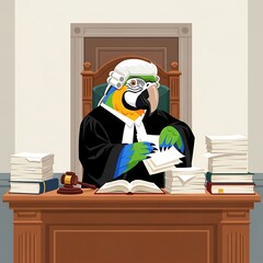 A whimsical depiction of a colorful parrot wearing a judge's wig and robe, presiding over a courtroom, reviewing legal documents
