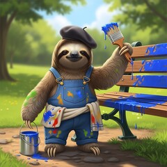 A whimsical depiction of a sloth artist adorning a bench with blue paint, wearing a beret and overalls, in a sunlit park