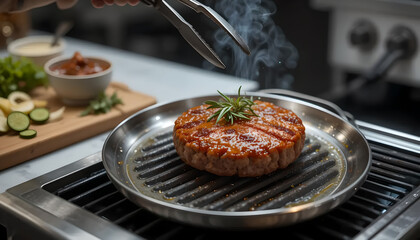 Perfectly Seared Meat Dish in a Stainless Steel Pan