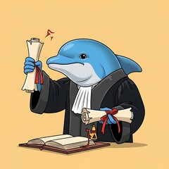 A whimsical depiction of an aquatic mammal dressed in a judicial robe, holding scrolls, and looking stern