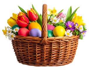 Rustic Wicker Basket with Mixed Easter Eggs and Spring Flowers, Front View, Isolated