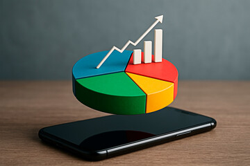A financial chart rises over a mobile phone for the concept of technology and progress.