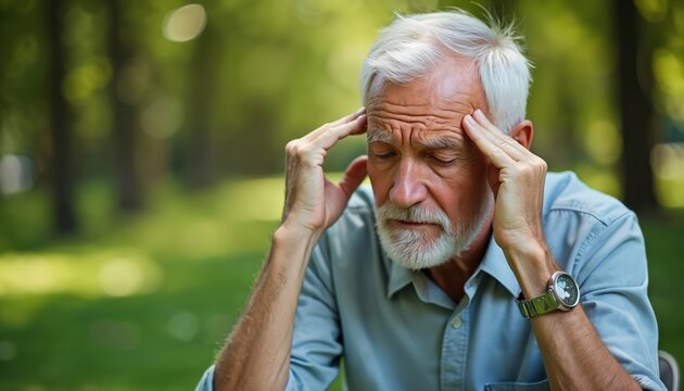 Elderly man holds his head feeling headache outdoors in park. Senior male suffers from strong pain, stress or migraine. Old person has health problem, mental issue, needing care, rest. He looks sad.