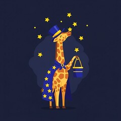 A whimsical giraffe magician wearing a top hat and cape conjures stars. He holds a lantern, framed by a dark blue background