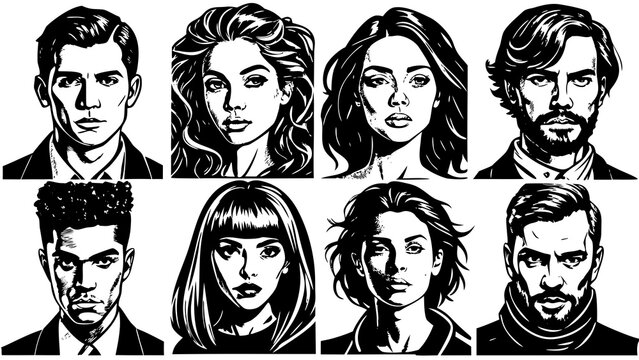Very beautiful set of 6 avatars in a grid layout, hand-drawn illustration with solid black ink like rapidograph pen, showing young adults aged 20&ndash;30, both men and women, with stylish and diverse hairs