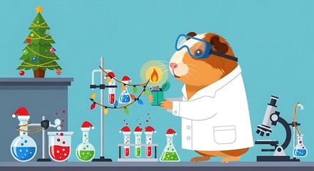 A whimsical guinea pig in a lab coat, goggles, and Christmas decorations, performing a chemistry experiment with a lighter