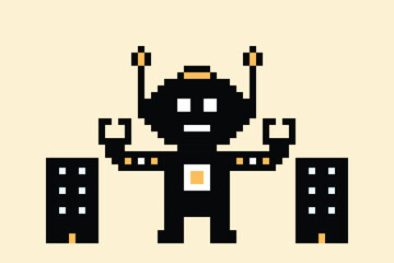 Cartoon pixel art humanoid robot learning toy robotic engineer bot machine business vector character automation electronic background 8 bit artificial intelligence design.