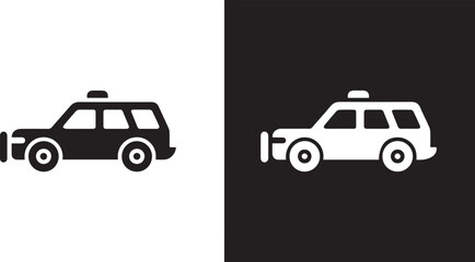 police car icon side view vector black on white and white on black set