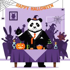 A whimsical Halloween scene with costumed animal characters gathered around a decorated table