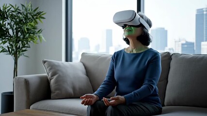 A senior woman wears a virtual reality headset while sitting on a couch in a modern apartment, experiencing immersive digital world footage. - Powered by Adobe