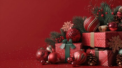 Assorted red gift boxes with ribbons among baubles and bokeh background. Christmas and New Year concept. Design for shopping ads, advertisement or banner with copy space for text.