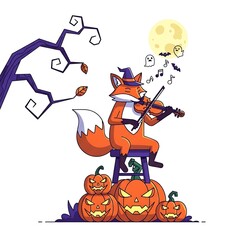 A whimsical illustration depicts a fox wearing a witch's hat, playing the violin in front of jack-o'-lanterns on a Halloween night