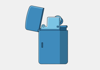 Blue Metal Lighter with Open Lid and Flint Wheel Detail.