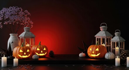 Halloween pumpkins and lanterns on a dark background with red lighting