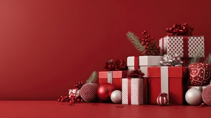 Assorted red gift boxes with ribbons among baubles and bokeh background. Christmas and New Year concept. Design for shopping ads, advertisement or banner with copy space for text.