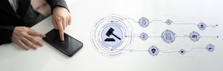 Futuristic digital law interface displaying justice scale, highlighting digital law, AI compliance,...