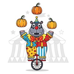 A whimsical illustration of a hippo clown, juggling pumpkins on a unicycle in front of a circus tent