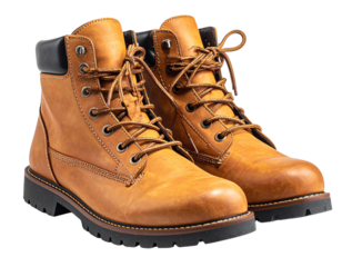 Tan Leather Hiking Boots Front View, Laces Tied, Rugged Outdoor Footwear, Isolated on Transparent Background