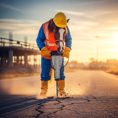 A whimsical image depicts a horse wearing work clothes operating a jackhammer on a cracked road during a sunset