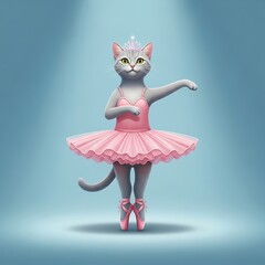 A whimsical image features a gray cat gracefully posed en pointe, wearing a pink tutu, leotard, and tiara under a spotlight