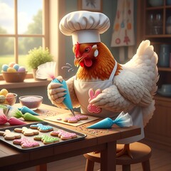 A whimsical image features a chicken wearing a chef's hat and apron, decorating bunny-shaped cookies with frosting