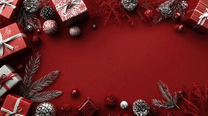 Fototapeta premium Assorted red gift boxes with ribbons among baubles and bokeh background. Christmas and New Year concept. Design for shopping ads, advertisement or banner with copy space for text.