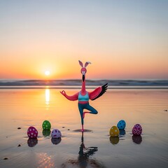 A whimsical image featuring a flamingo wearing bunny ears, balancing on one leg on a beach with Easter eggs scattered around