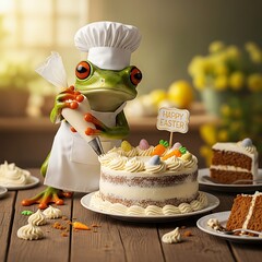 A whimsical image of a frog chef decorating an Easter cake with cream, wearing a white chef's hat and apron. Colorful decorations on display