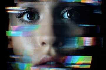 Close up of a woman's face showing distorted eyes and colorful horizontal video signal interference.