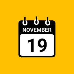 November 19 Calendar Vector Illustration. New Year Date Icon. Day calendar with date november 19. Week Starts on Sunday. Checklist day calendar. November 19 calendar icon.