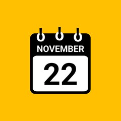 November 22 Calendar Vector Illustration. New Year Date Icon. Day calendar with date november 22. Week Starts on Sunday. Checklist day calendar. November 22 calendar icon.