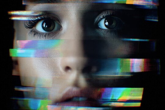 Close up of a woman's face showing distorted eyes and colorful horizontal video signal interference. - Powered by Adobe