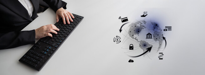 Worldwide digital payment network showing secure financial transactions. Digital payment supports...