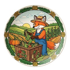 A whimsical plate design features a fox farmer harvesting corn from a wooden box, set against a vibrant countryside backdrop