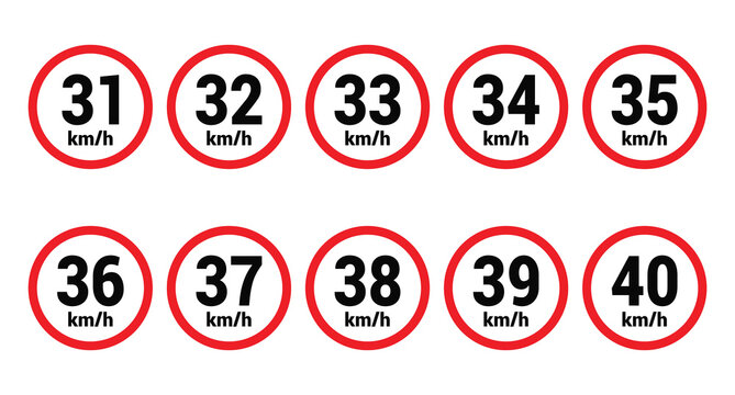 Speed limit sign 31, 32, 33, 34, 35, 36, 37, 38, 39 and 40 km h icon vector design illustration