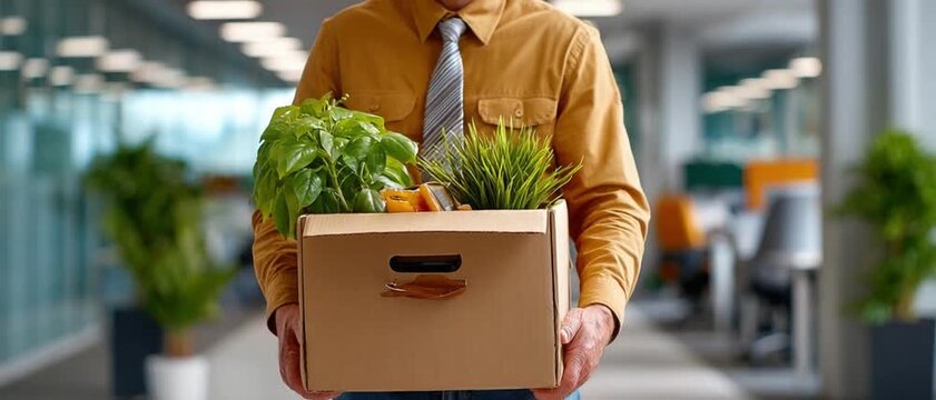 Fired From Work: A person walks dejectedly through a corporate hallway carrying a box filled with personal belongings, a visual representation of job loss and workplace dismissal.