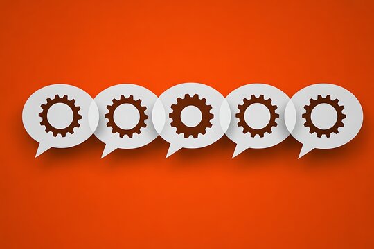 Five white speech bubbles with gear icons in a row on an orange background gears cogs - Powered by Adobe